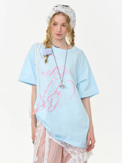 Letter Print Round Neck Loose Large Short Sleeve T-Shirt【s0000013009】