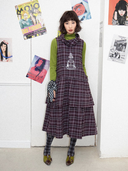Plaid Embroidery Sleeveless Tiered Long Dress【s0000011898】