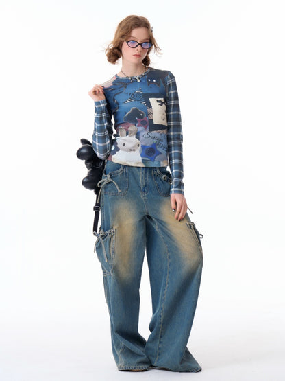 Animal Collage Print Glen Check Switch Slim Long Sleeved T-Shirt【s0000011752】