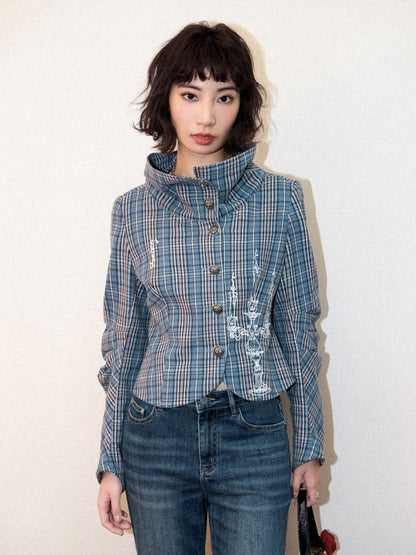 Candlesticks Embroidered Stacked Collar Plaid Short Jacket【s0000011909】