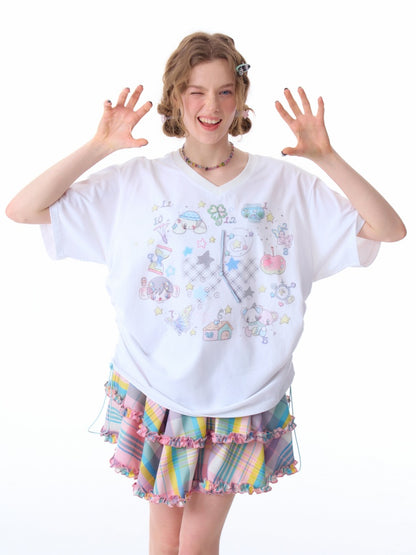 Cartoon Print Pattern V-Neck Short Sleeve T-Shirt【s0000011914】