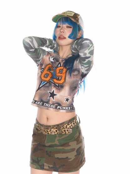 Camo Numbering Raglan Long Sleeve T-Shirt【s0000011787】