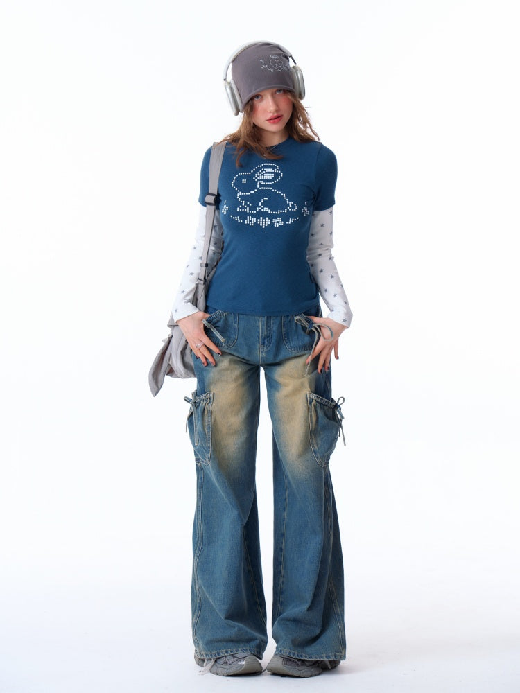 Rabbit & Star Print Fake Layering Long Sleeve T-Shirt【s0000011750】