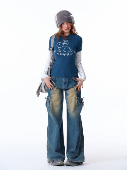 Rabbit & Star Print Fake Layering Long Sleeve T-Shirt【s0000011750】