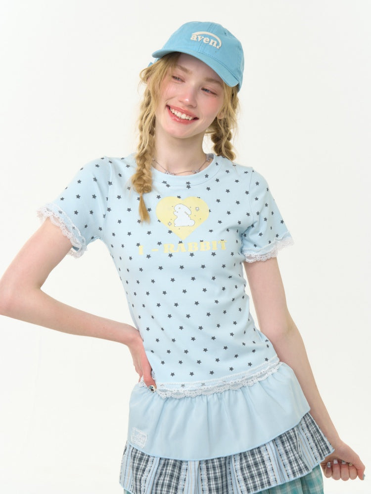 Polka Dot Star Heart Rabbit Print Crew Neck Short Sleeve T-Shirt【s0000013012】
