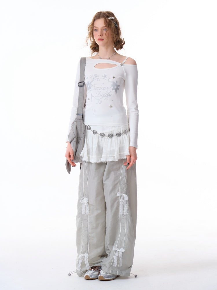 Cut Out Off Shoulder Irregular Neckline Long Sleeved T-Shirt【s0000011754】