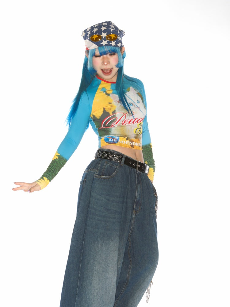 Cat Pattern Graphic Long sleeved Cropped T-Shirt【s0000011788】