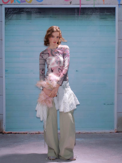 Star Digital Print Long Sleeve Numbering T-Shirt【s0000011760】