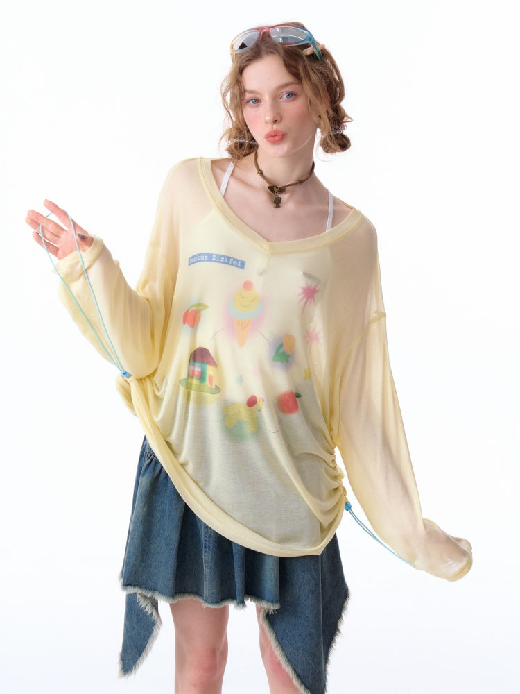 Drawstring Print Semi Sheer Loose V-Neck Long Sleeved T-Shirt【s0000011751】