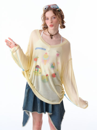 Drawstring Print Semi Sheer Loose V-Neck Long Sleeved T-Shirt【s0000011751】