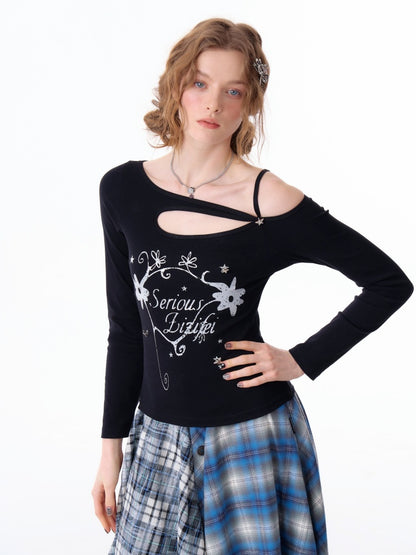 Cut Out Off Shoulder Irregular Neckline Long Sleeved T-Shirt【s0000011754】