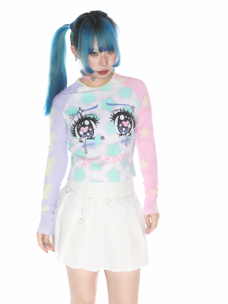 Comic Eye Two-Dimensional Subculture Star Color-Blocked Long Sleeve T-Shirt【s0000011789】