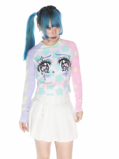 Comic Eye Two-Dimensional Subculture Star Color-Blocked Long Sleeve T-Shirt【s0000011789】