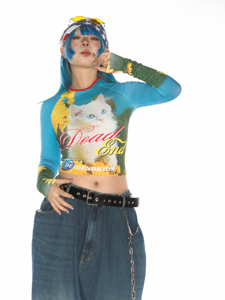Cat Pattern Graphic Long sleeved Cropped T-Shirt【s0000011788】