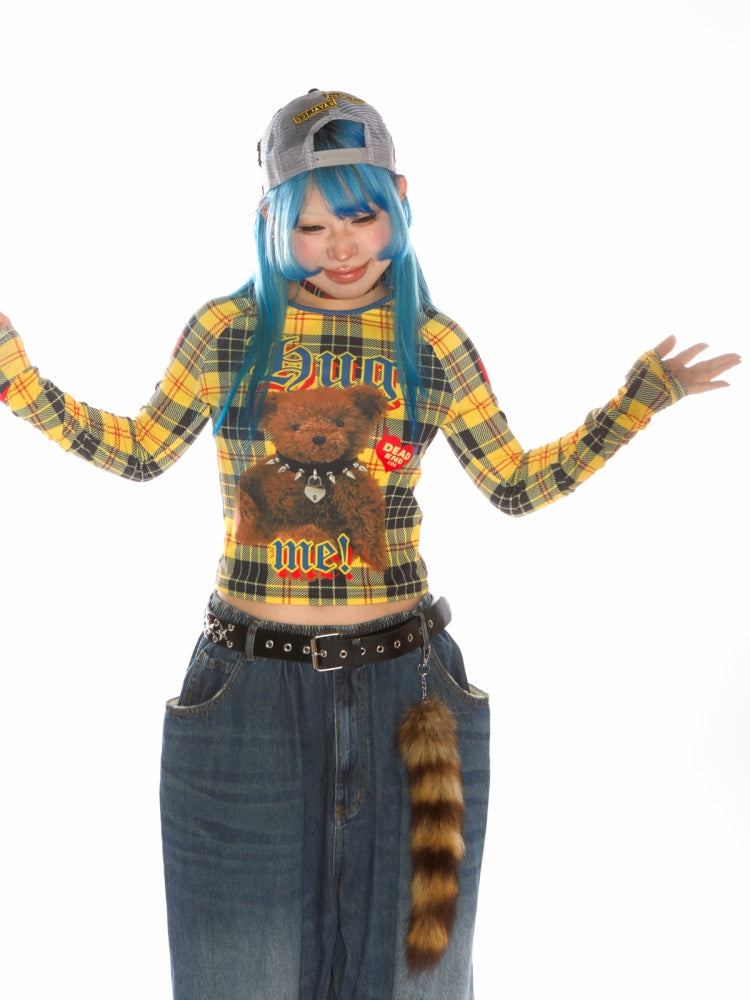 Teddy Bear Graphic Check Long Sleeve Cropped T-Shirt【s0000011777】