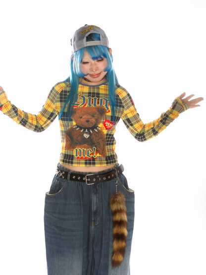 Teddy Bear Graphic Check Long Sleeve Cropped T-Shirt【s0000011777】