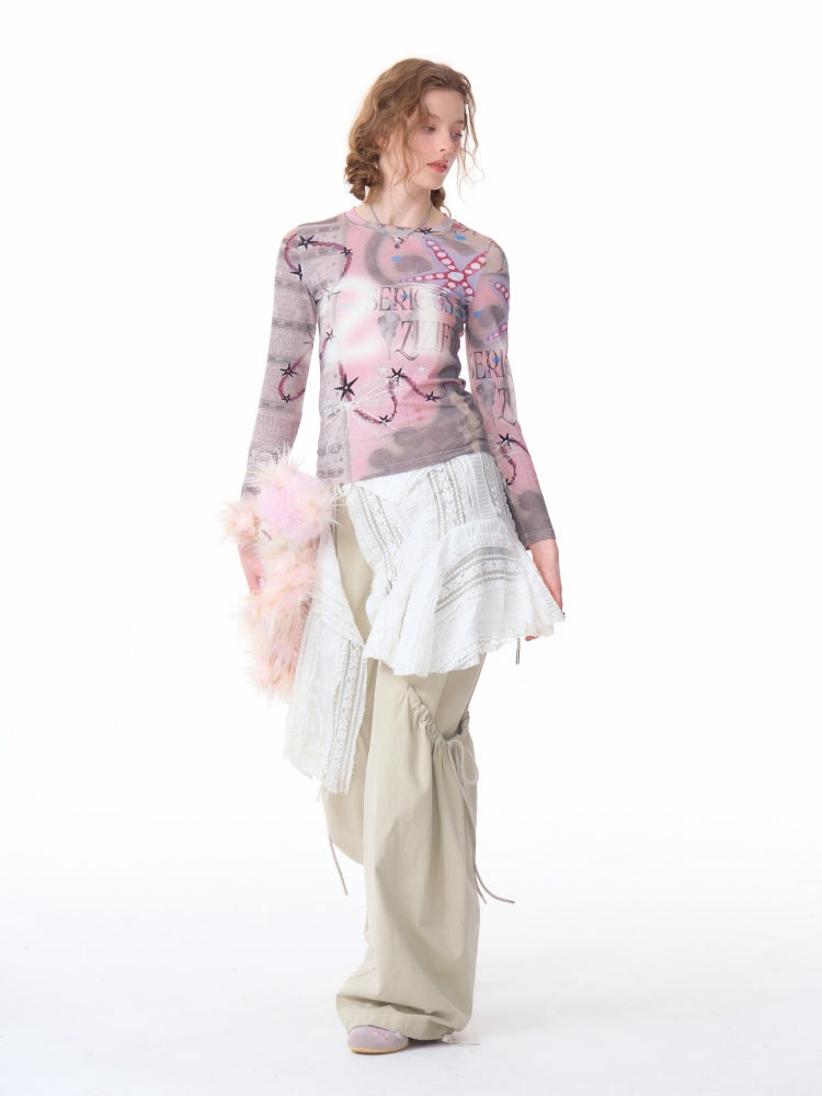 Star Digital Print Long Sleeve Numbering T-Shirt【s0000011760】