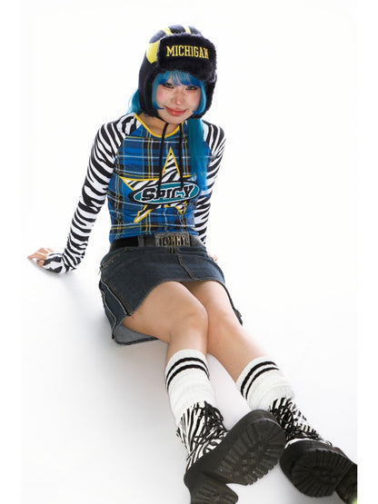 College Style Zebra & Check Print Long Sleeve Cropped T-Shirt【s0000011786】