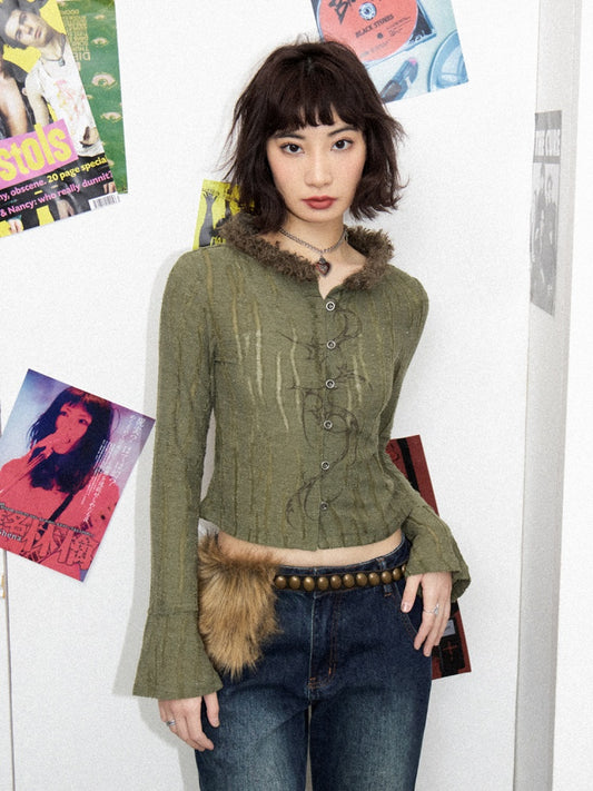 Fur Collar Graphic Print Cardigan【s0000011904】