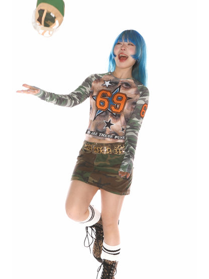 Camo Numbering Raglan Long Sleeve T-Shirt【s0000011787】