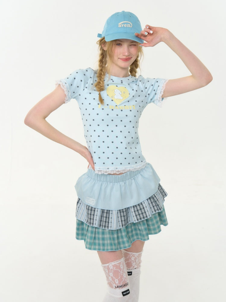 Polka Dot Star Heart Rabbit Print Crew Neck Short Sleeve T-Shirt【s0000013012】