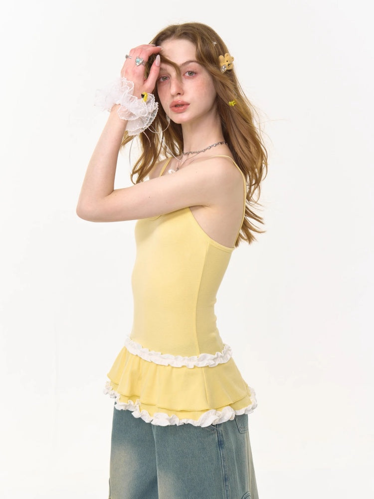 Ruffle Lace Pleated Hem Bow Camisole【s0000013008】