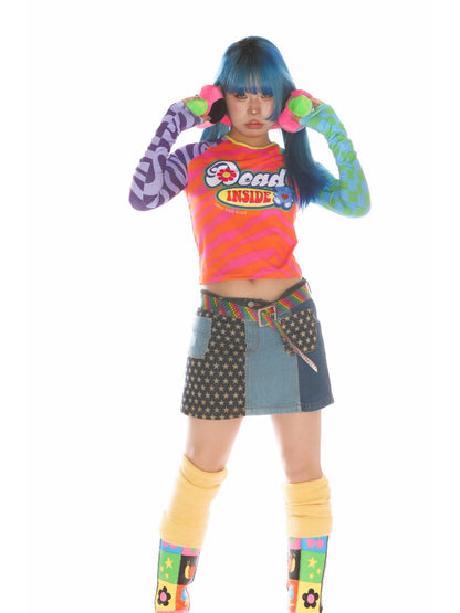 Y2K Dopamine Color Blocked Print Long sleeved T-Shirt【s0000011785】