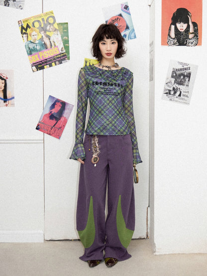 Chemistry Message Print Ruffle Check Long Sleeve T-Shirt【s0000011899】