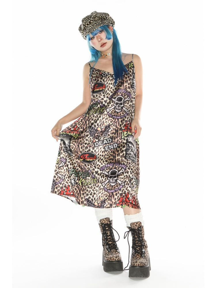 Punk Leopard & Skull Print Adjustable Length Camisole Dress 【s0000011782】