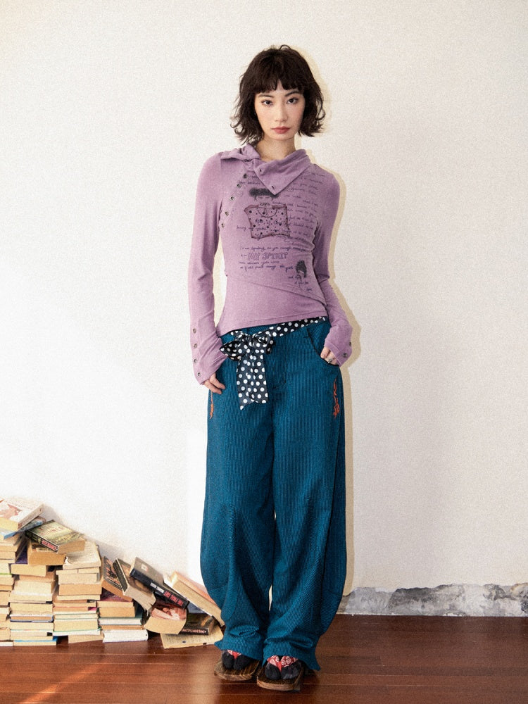 Orange Embroidered Striped Loose Banana Pants【s0000011901】