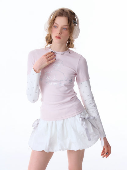 Rabbit & Star Print Fake Layering Long Sleeve T-Shirt【s0000011750】