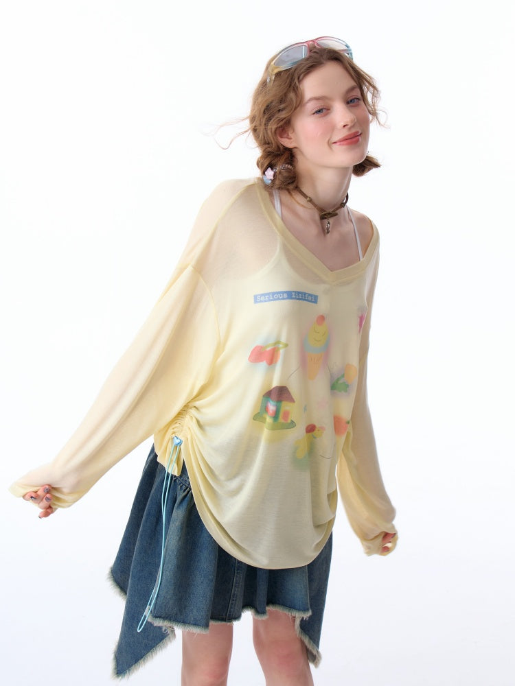 Drawstring Print Semi Sheer Loose V-Neck Long Sleeved T-Shirt【s0000011751】