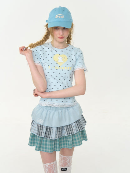 Polka Dot Star Heart Rabbit Print Crew Neck Short Sleeve T-Shirt【s0000013012】