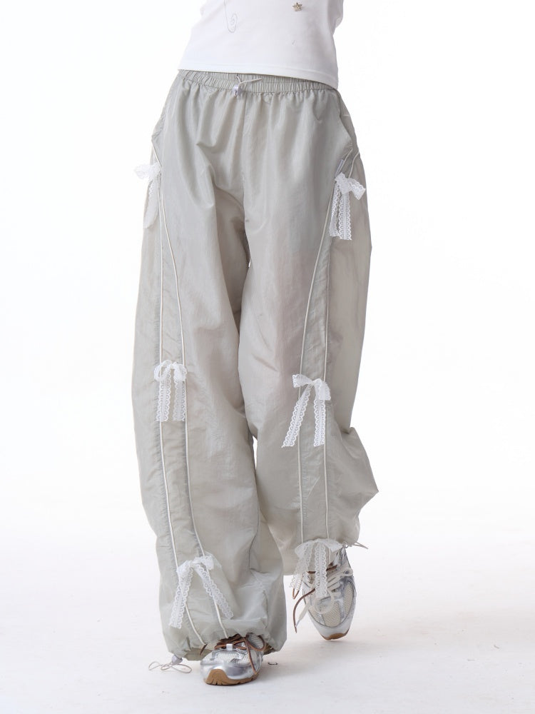 Lace Bow Wide Leg Straight Sports Casual Pants【s0000011918】