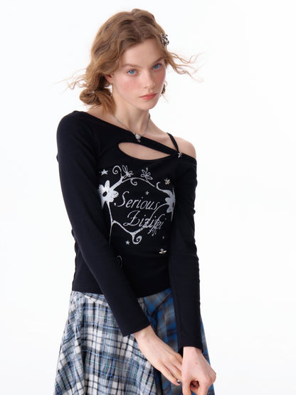 Cut Out Off Shoulder Irregular Neckline Long Sleeved T-Shirt【s0000011754】