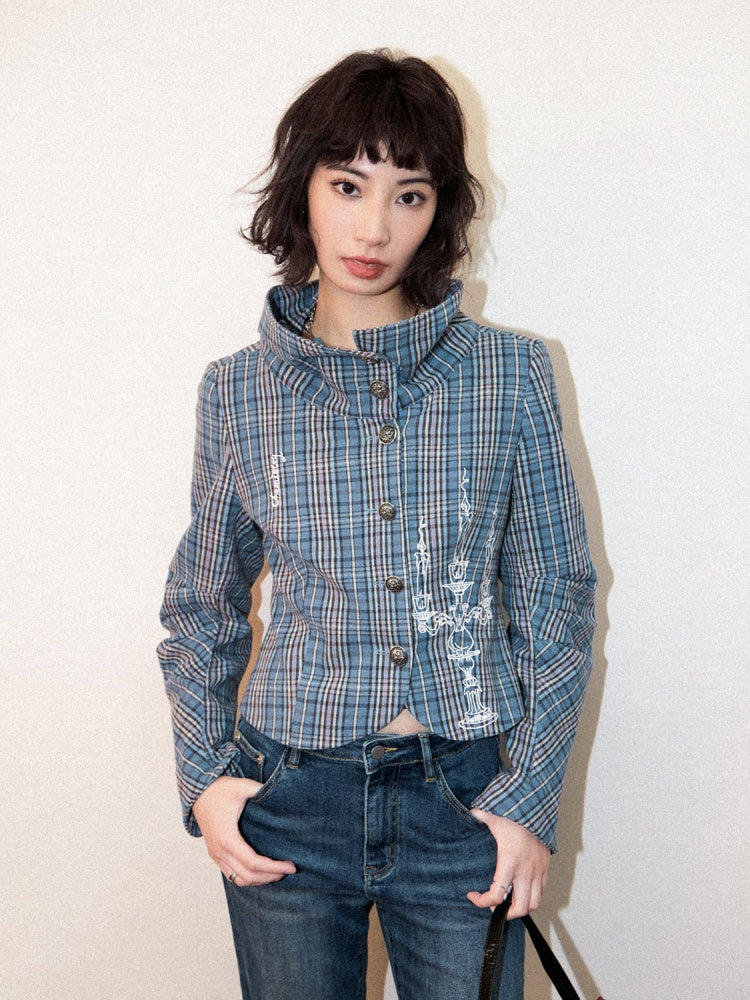 Candlesticks Embroidered Stacked Collar Plaid Short Jacket【s0000011909】