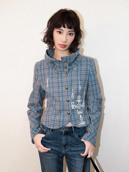 Candlesticks Embroidered Stacked Collar Plaid Short Jacket【s0000011909】