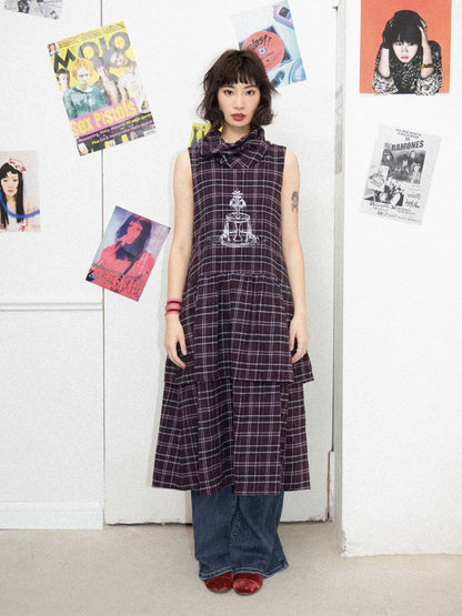 Plaid Embroidery Sleeveless Tiered Long Dress【s0000011898】