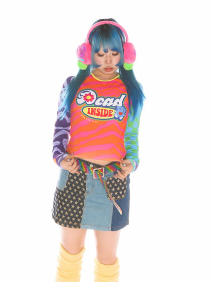 Y2K Dopamine Color Blocked Print Long sleeved T-Shirt【s0000011785】