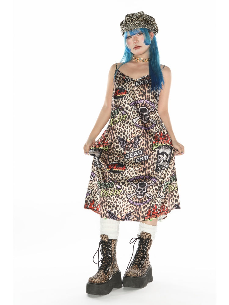 Punk Leopard & Skull Print Adjustable Length Camisole Dress 【s0000011782】