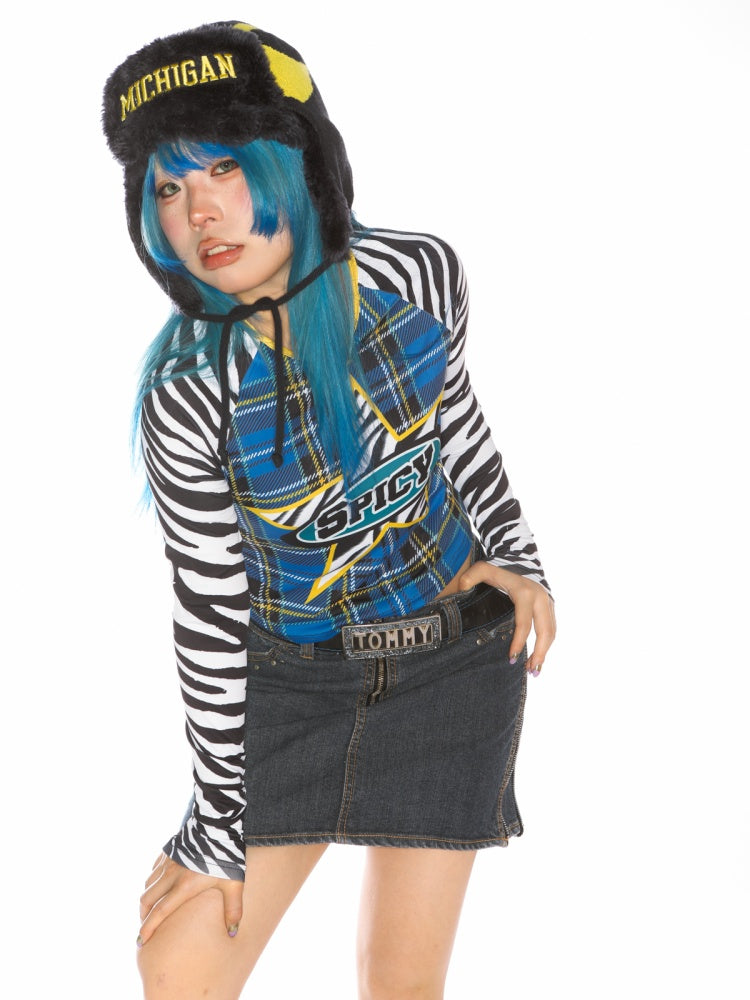 College Style Zebra & Check Print Long Sleeve Cropped T-Shirt【s0000011786】