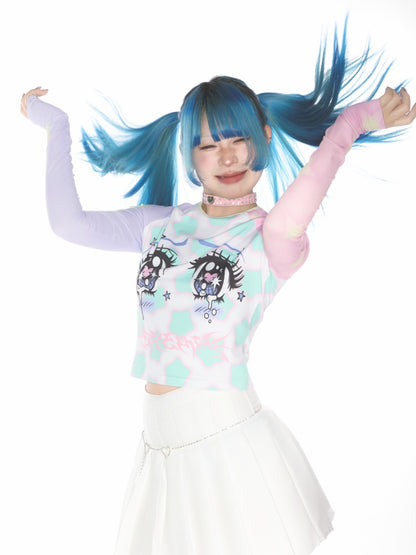 Comic Eye Two-Dimensional Subculture Star Color-Blocked Long Sleeve T-Shirt【s0000011789】