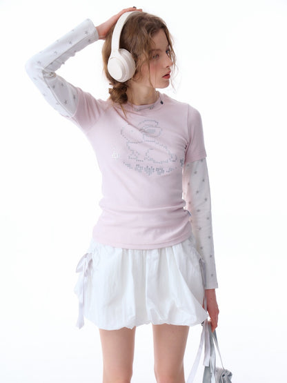 Rabbit & Star Print Fake Layering Long Sleeve T-Shirt【s0000011750】