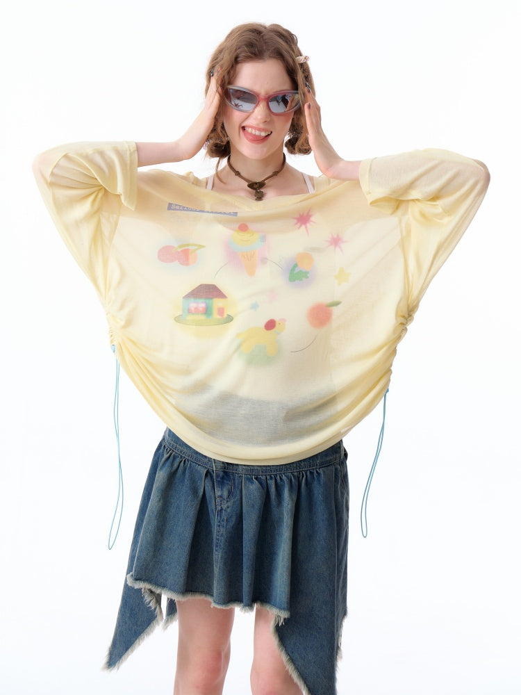 Drawstring Print Semi Sheer Loose V-Neck Long Sleeved T-Shirt【s0000011751】