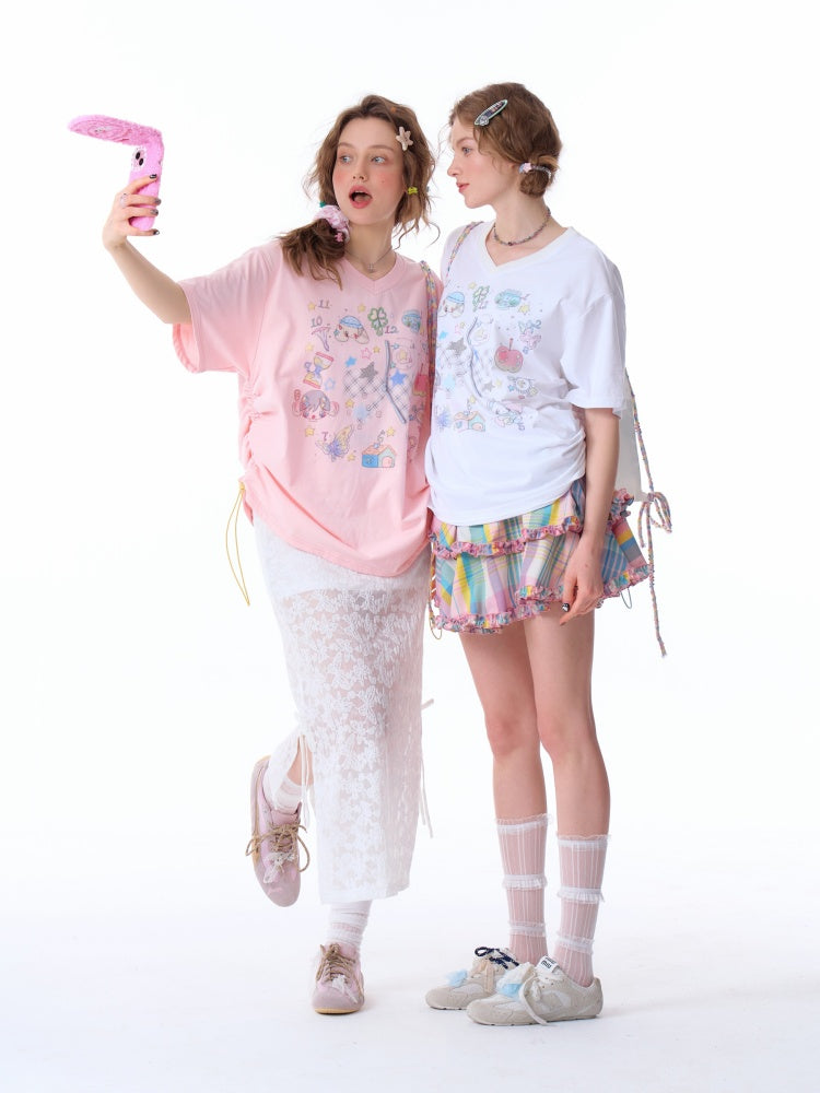 Cartoon Print Pattern V-Neck Short Sleeve T-Shirt【s0000011914】
