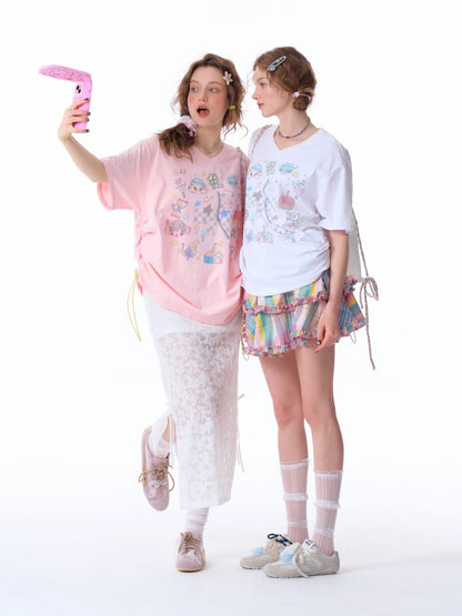 Cartoon Print Pattern V-Neck Short Sleeve T-Shirt【s0000011914】