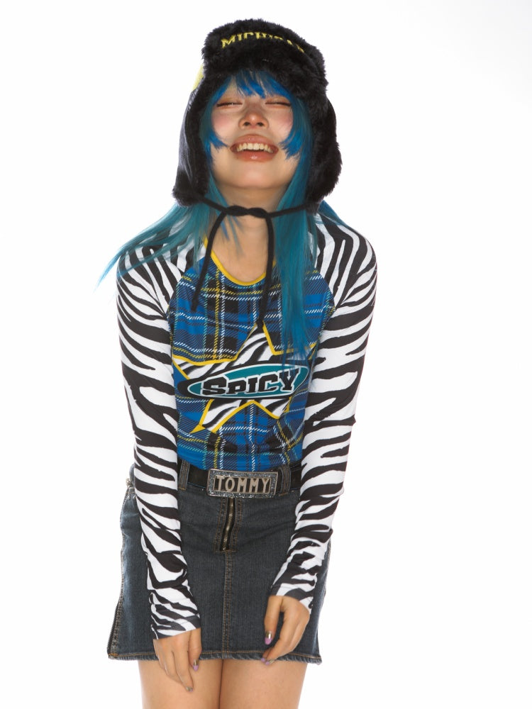 College Style Zebra & Check Print Long Sleeve Cropped T-Shirt【s0000011786】