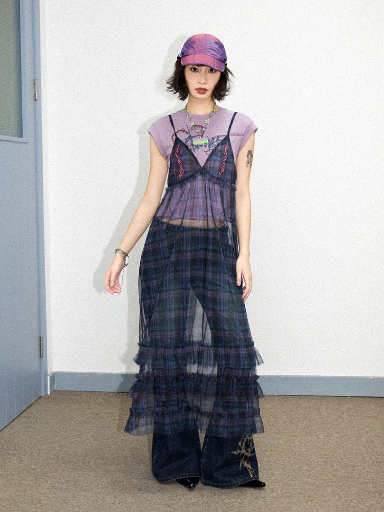 Tiered Frill A-Line Sheer V-Neck Camisole Dress【s0000011907】