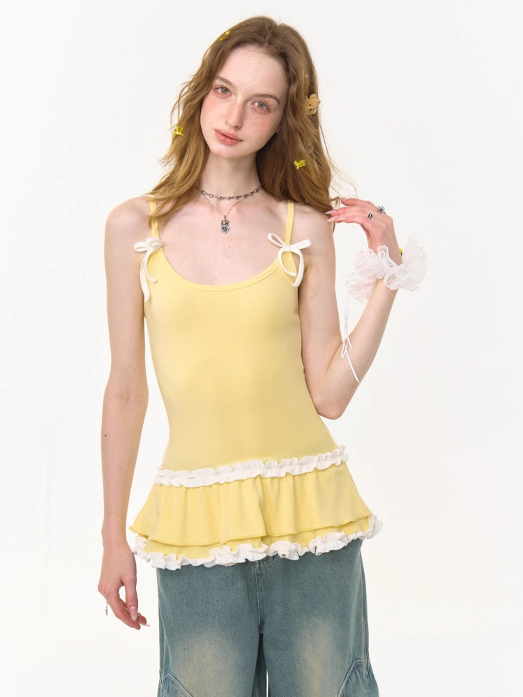 Ruffle Lace Pleated Hem Bow Camisole【s0000013008】