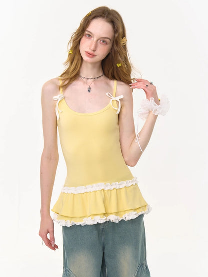 Ruffle Lace Pleated Hem Bow Camisole【s0000013008】